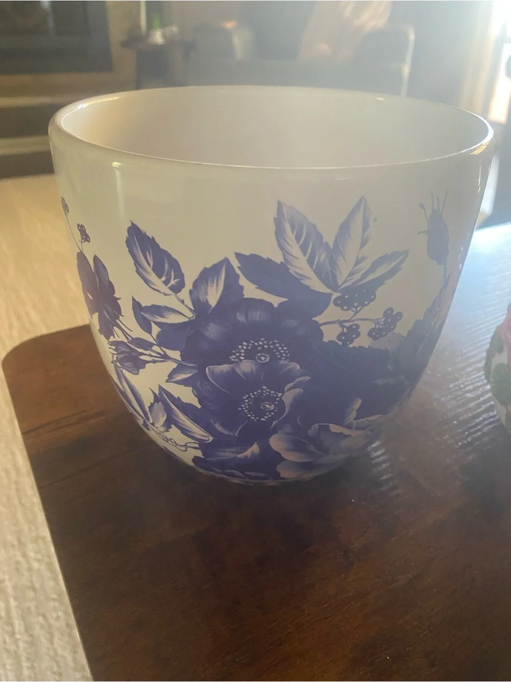 Source Unknown White Ceramic Planter with Blue Floral Design